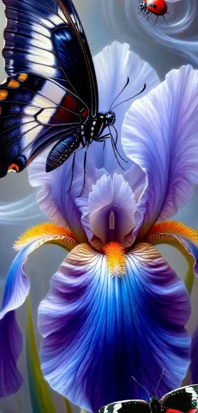A vibrant butterfly perched on a purple iris flower with artistic background.