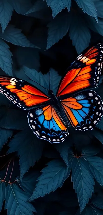 Vibrant butterfly perched on dark green leaves.