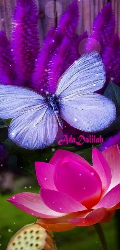 Butterfly rests on pink lotus amid purple flowers and wooden backdrop.