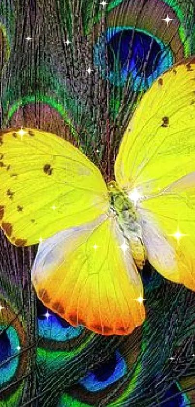 Yellow butterfly on peacock feathers wallpaper.