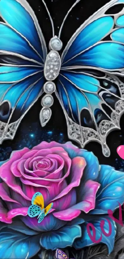 Blue butterfly and purple rose wallpaper with love theme.