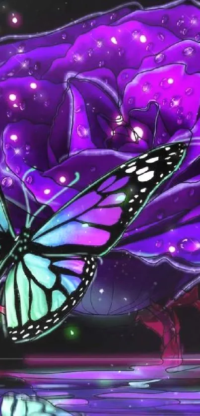 Colorful butterfly and neon purple rose on a starry background.