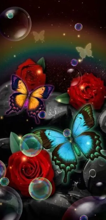 Colorful butterflies and red roses on dark background.