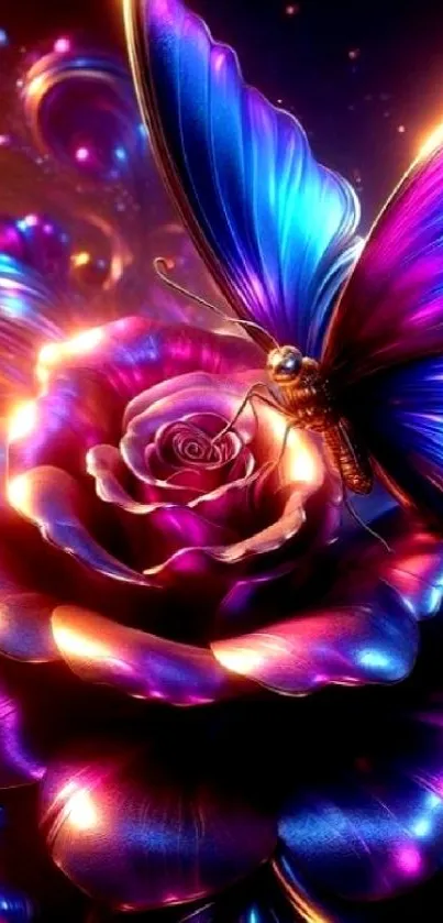 Vibrant butterfly perched on a glowing rose with colorful background.