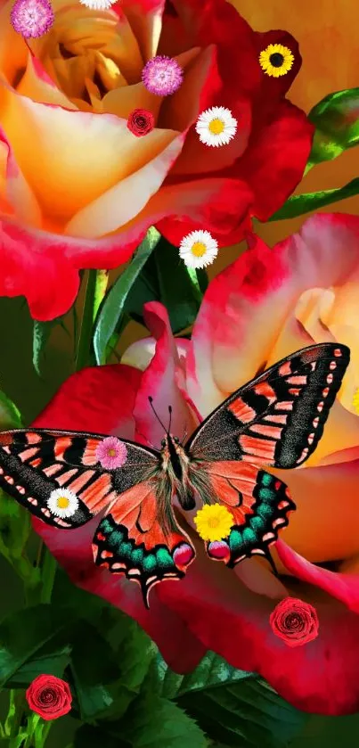 Butterfly resting on vibrant roses with rich colors in a nature-inspired design.