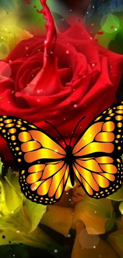 Butterfly on a red rose with vibrant yellow flowers.