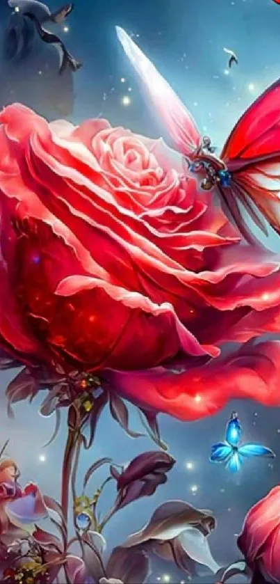 Stunning wallpaper featuring a butterfly on a vibrant red rose with a magical background.