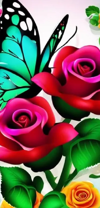 Vibrant mobile wallpaper of butterfly and roses in vivid colors.