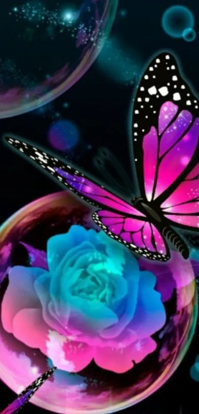 Vibrant butterfly on cosmic rose wallpaper.