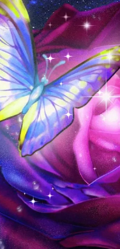 Butterfly resting on a luminous purple rose in a starry cosmic background.