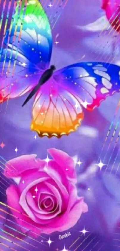 Vibrant butterfly and pink rose on a purple background.