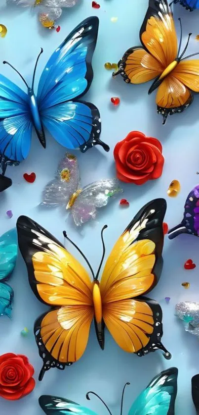 Colorful butterfly and rose wallpaper with blue and orange hues.