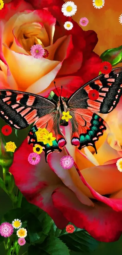 Vibrant butterfly perched on colorful roses with green leaves.