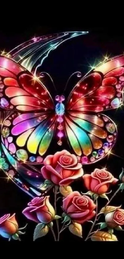 Colorful butterfly with roses on dark background wallpaper.