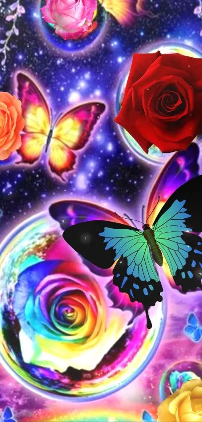 Vivid butterfly and rose cosmic wallpaper with vibrant colors.