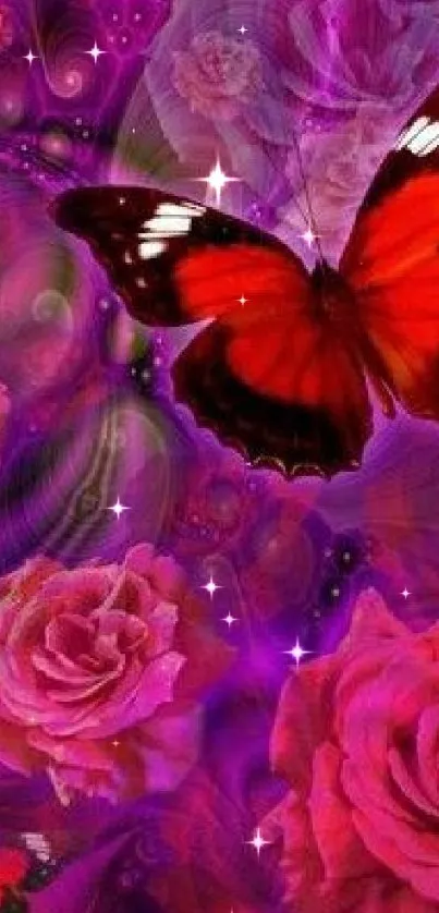 A vibrant red butterfly with pink roses on a purple background.