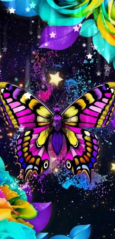 Vibrant butterfly with colorful roses and stars.