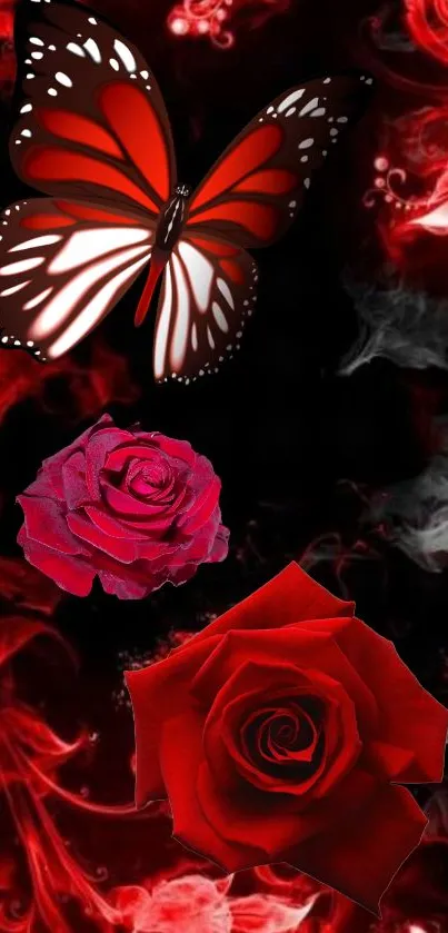 Beautiful red butterfly and roses with dark abstract background.