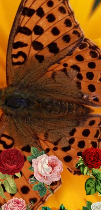 Orange butterfly on flower with colorful roses.