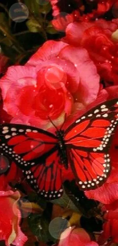 A vibrant red butterfly rests on a bouquet of vivid roses.