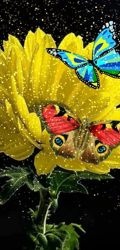 Colorful butterflies on a yellow sunflower wallpaper.