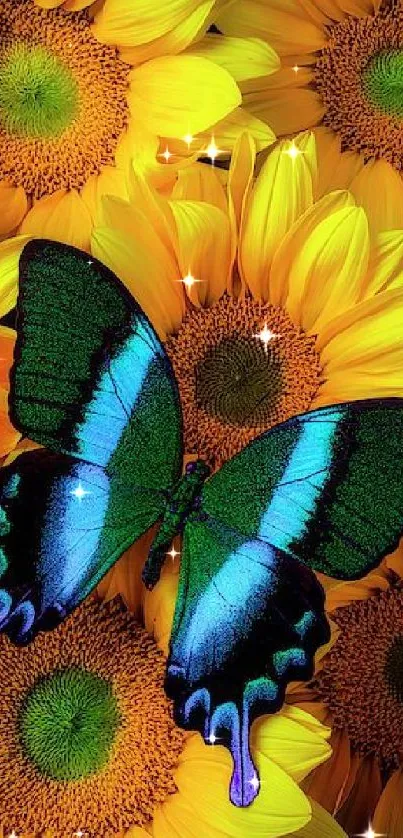 Blue butterfly on yellow sunflower background mobile wallpaper.