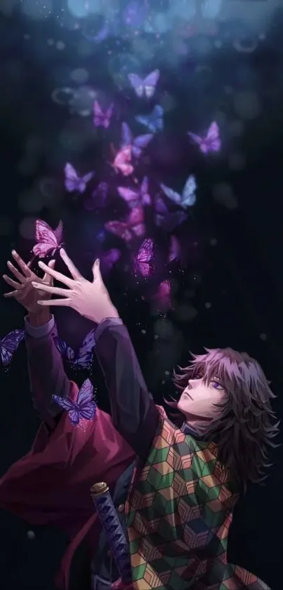 Anime character surrounded by colorful butterflies in a mystical setting.