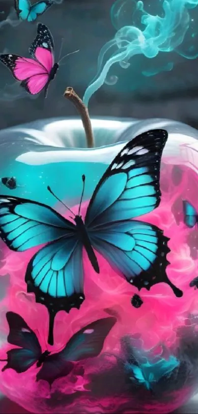 Vibrant blue butterflies around a glass apple in artistic mobile wallpaper.