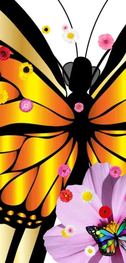 Vibrant orange and black butterfly with colorful flowers wallpaper.