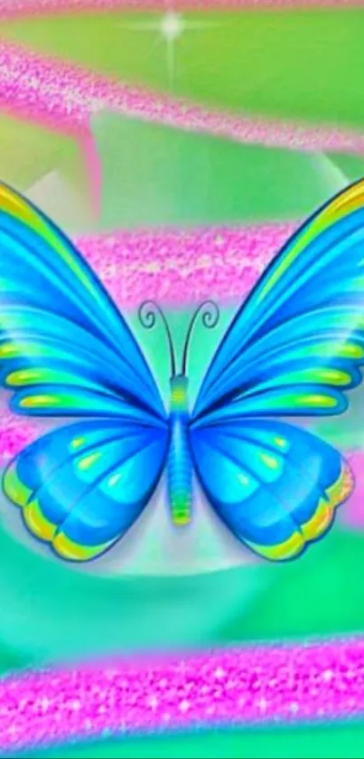 Vibrant blue butterfly on a colorful background.