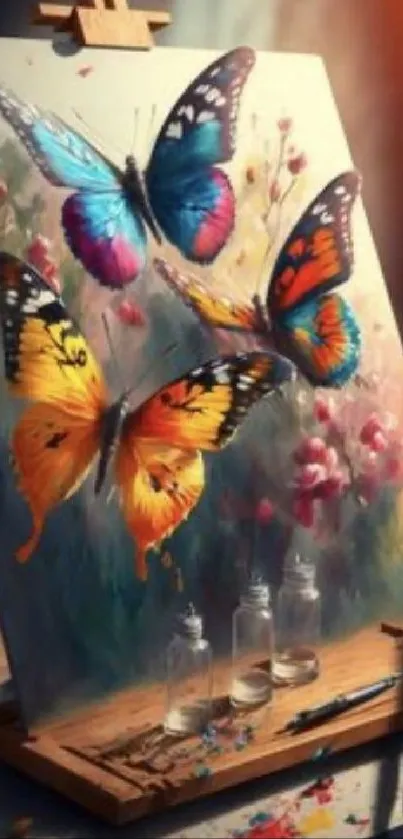 Canvas painting of vibrant butterflies with paintbrushes and a nature theme.