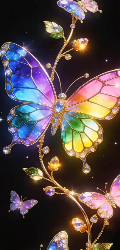 Colorful butterflies on black background with sparkling effect.