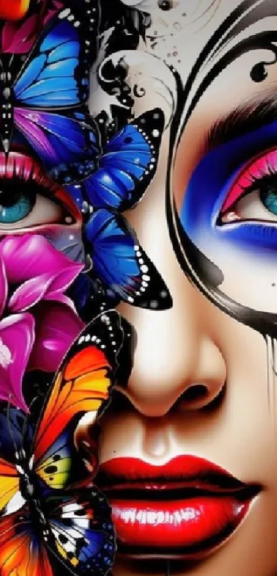 Vibrant face with butterfly and flower art design.
