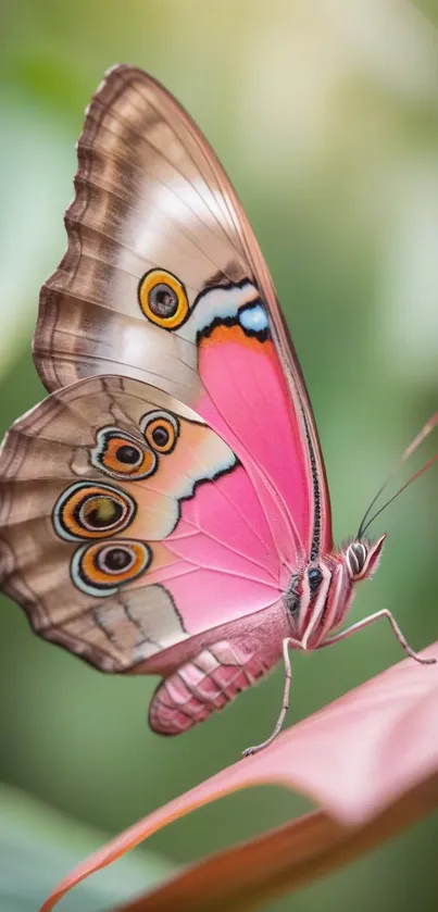 Pink butterfly on a leaf with blurred green background.