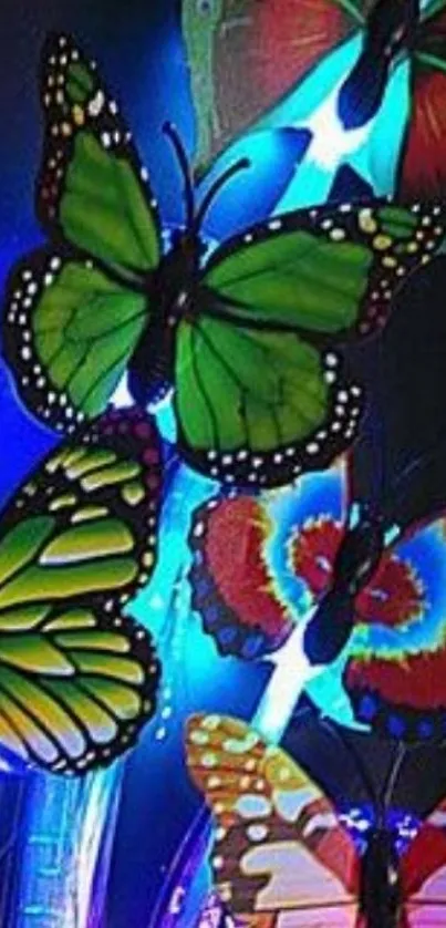 Vibrant green and red butterflies glowing against a neon blue background.