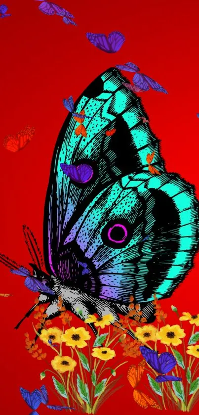 Vibrant butterfly with flowers on red background wallpaper.