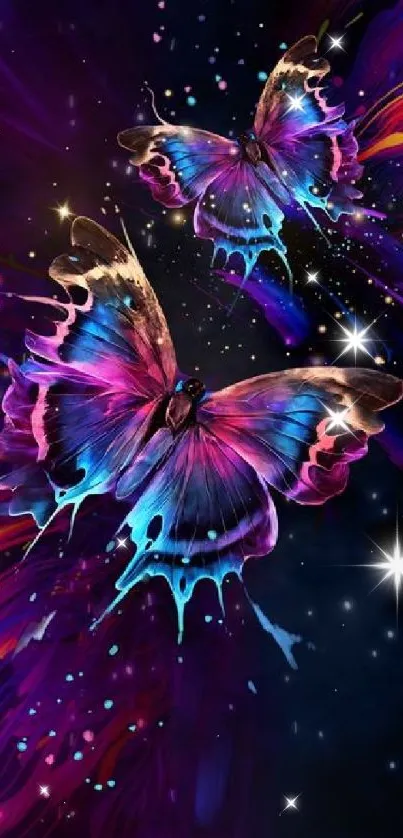 Vibrant butterflies with cosmic colors on a mobile wallpaper.