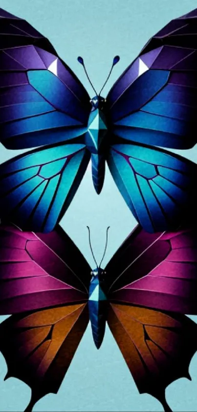 Geometric butterflies with vibrant colors on a blue background wallpaper.