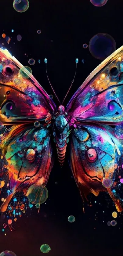 Vibrant butterfly art with neon splashes on dark background.