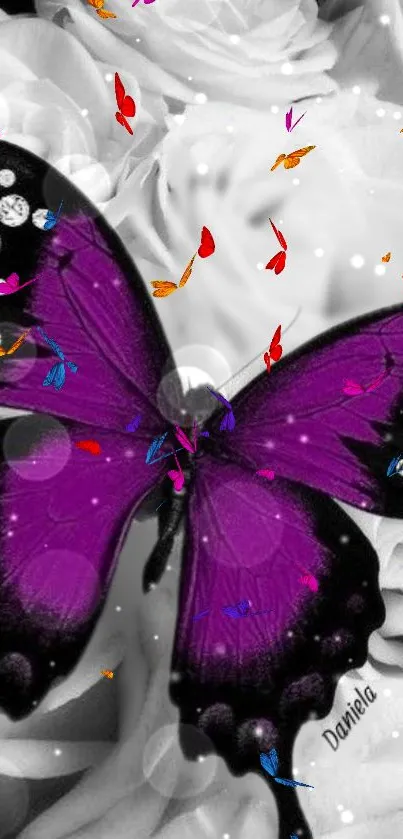 Purple butterfly on floral background, vibrant and elegant.