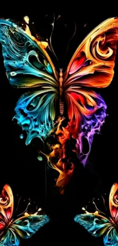 Colorful butterfly art with vibrant swirls on a black background.