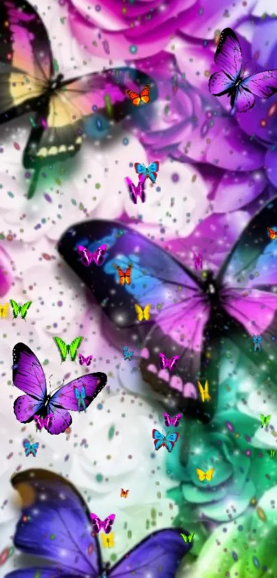 Vibrant purple butterflies on floral background.