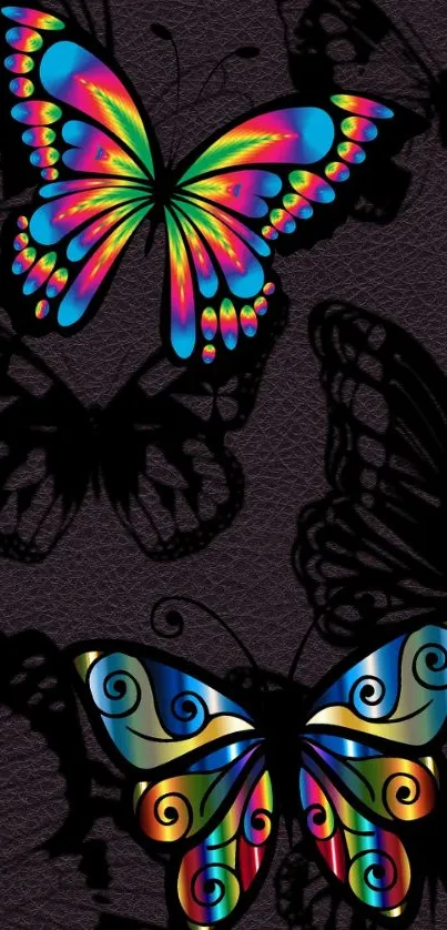 Vibrant butterfly designs on dark textured background.