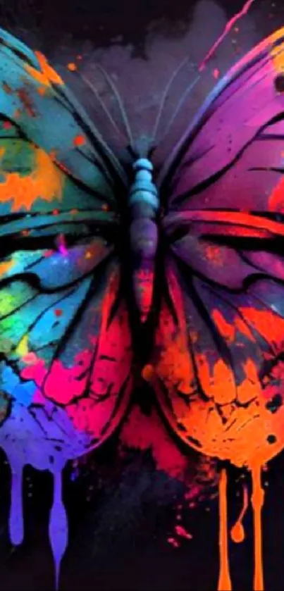 A vibrant butterfly with colorful paint splashes on a black background.