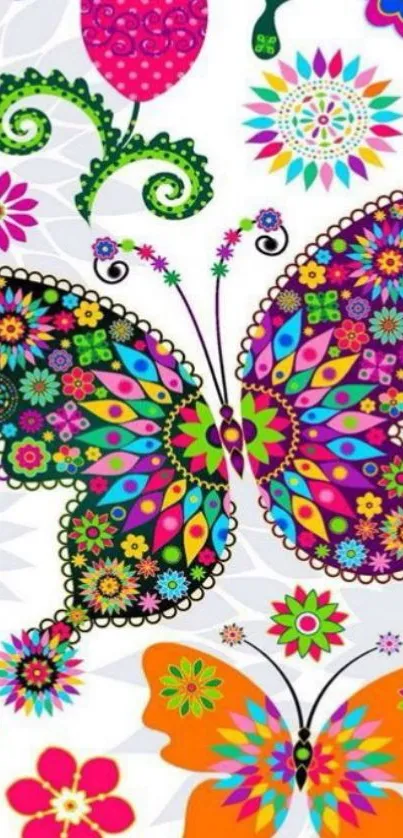 Colorful butterfly wallpaper with intricate patterns on a white background.