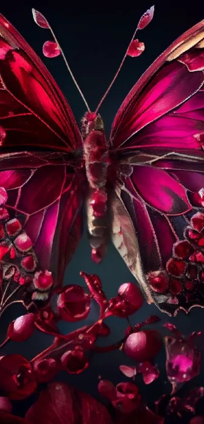 Vibrant magenta butterfly with intricate details on a floral background.