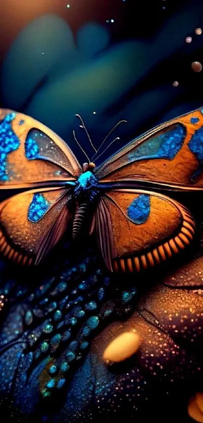 A vibrant butterfly with blue and orange wings on a mobile wallpaper.