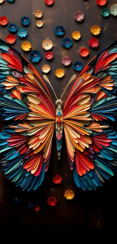 Vibrant butterfly with colorful patterns and artistic details on a dark background.