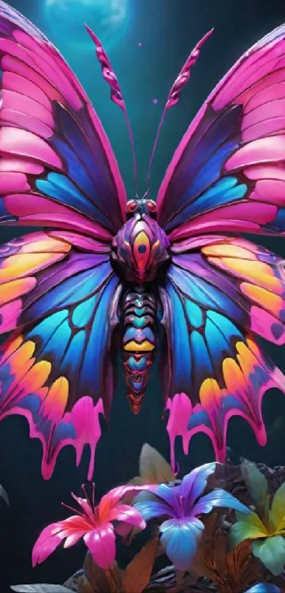 Vibrant butterfly with neon colors on a floral background.