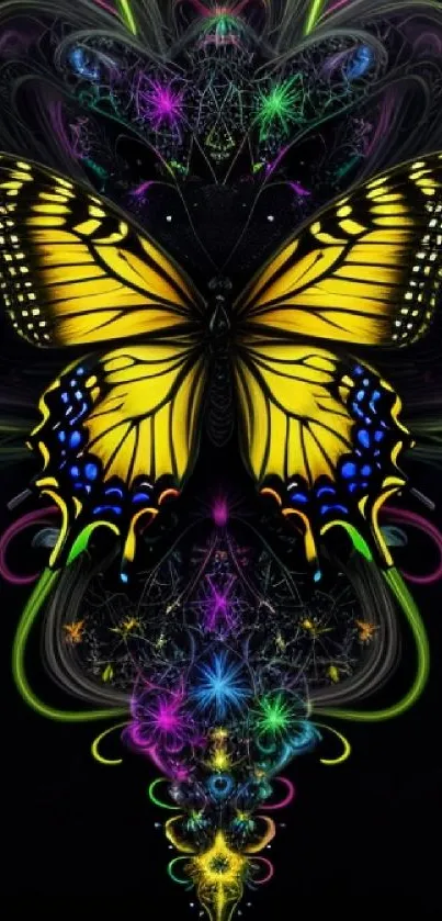 Vibrant butterfly with abstract design in yellow and black on a mobile wallpaper.
